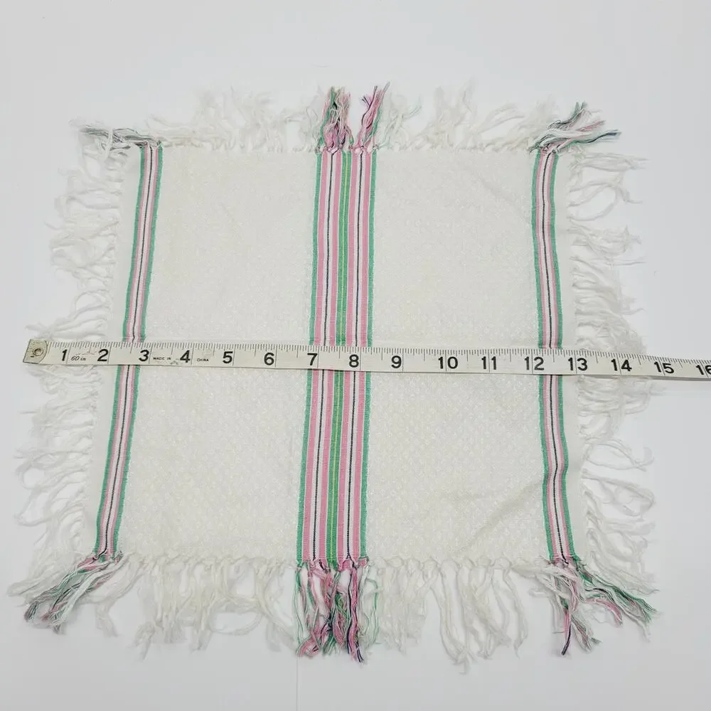 2 VTG White Diamond Texture Multi Stripe Fringed Napkins Green Pink Yellow Black